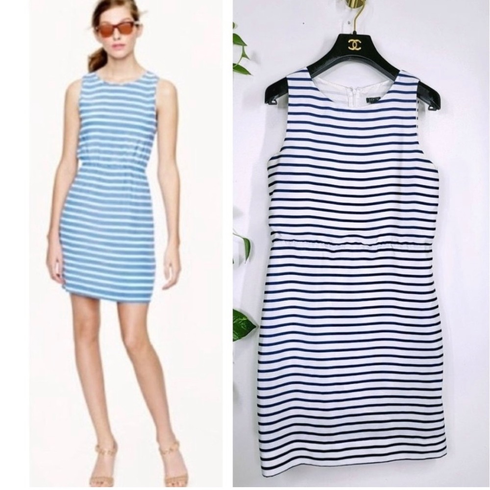 J. CREW Blue White Mini Dress 4 SMALL Striped Round Neck Sleeveless Stretch